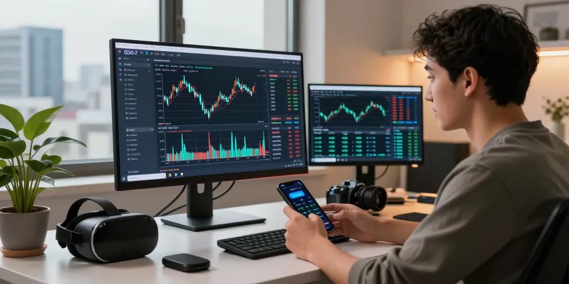 Engaged professional reviewing OKX reviews on multiple screens in a modern home office setting