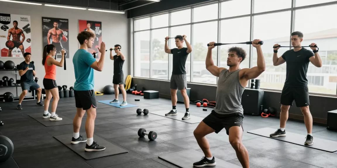 Individuals exercising in a vibrant gym environment showcasing the ethos of Deus Medical Shop and fitness dedication.