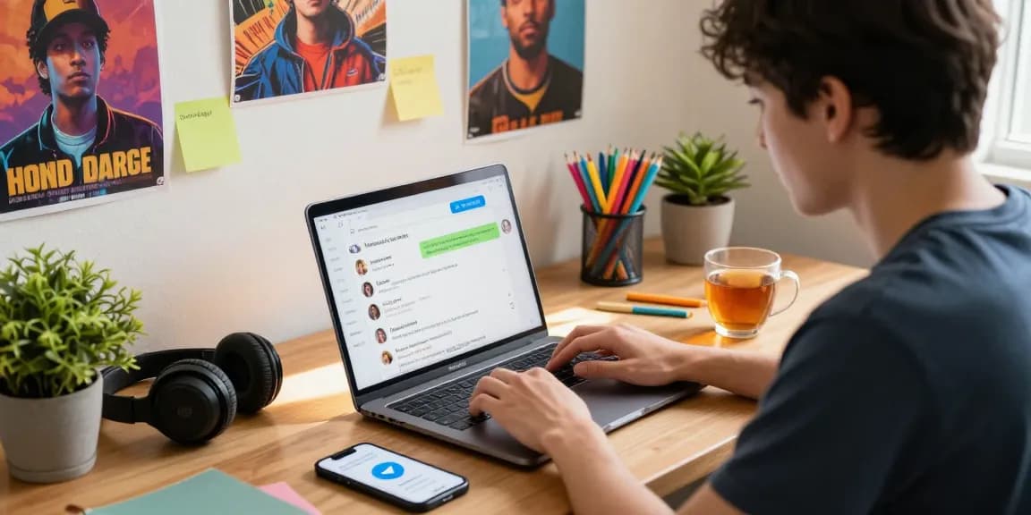 Lively Telegram Chinese groups chat scene with a young adult on a laptop, showcasing modern digital communication in 2026.