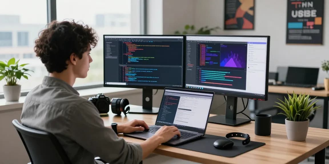 Developer working in a modern office on 纸飞机中文版 and innovative software projects.