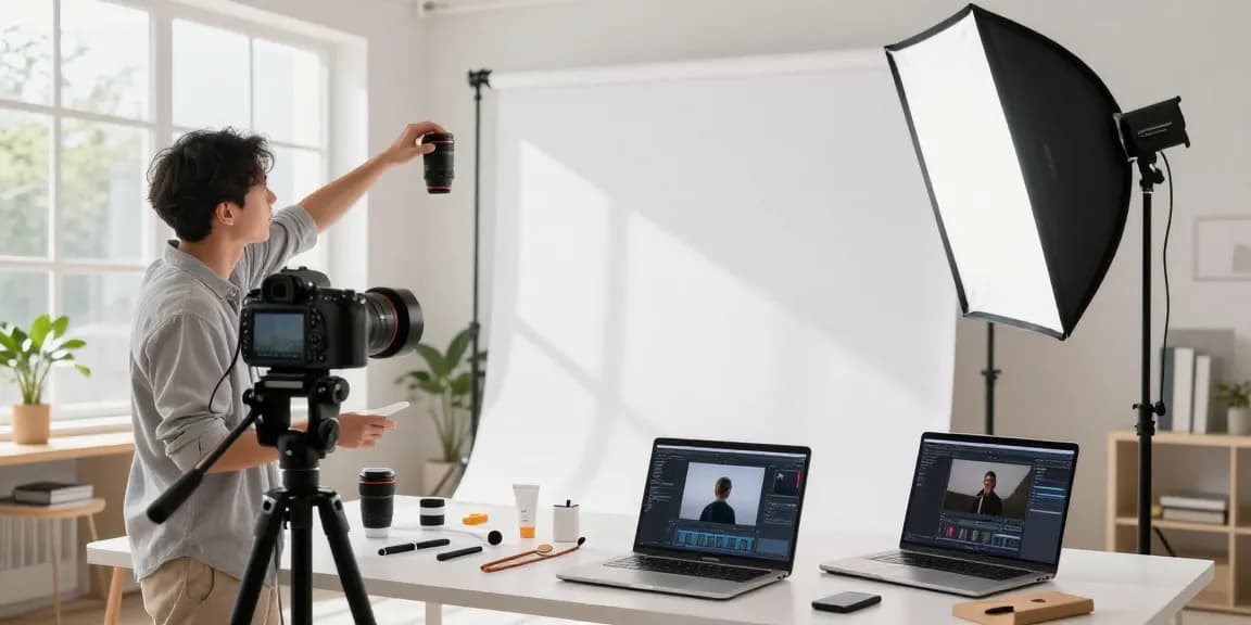 Visuel d'un photographe ecommerce Milano dans un studio moderne, capturant des accessoires sur fond blanc.