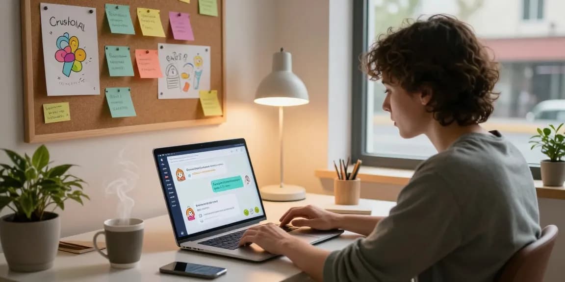Interactive CrushOnAI character chat scene in a cozy home office.
