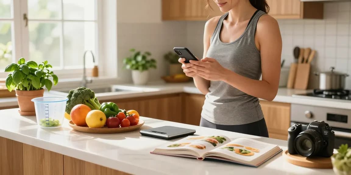 Best calorie tracker in action with user logging healthy meals in a bright kitchen.