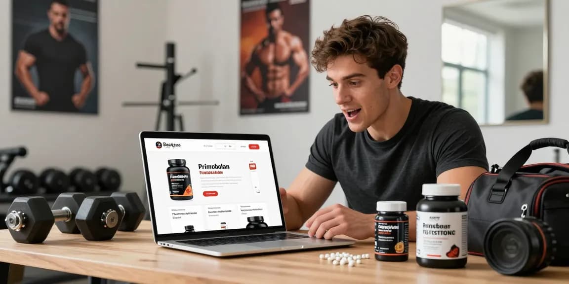 Beligas Shop showcases anabolic steroids, featuring a fitness enthusiast engaging with the website in a modern, motivating e-commerce setting.