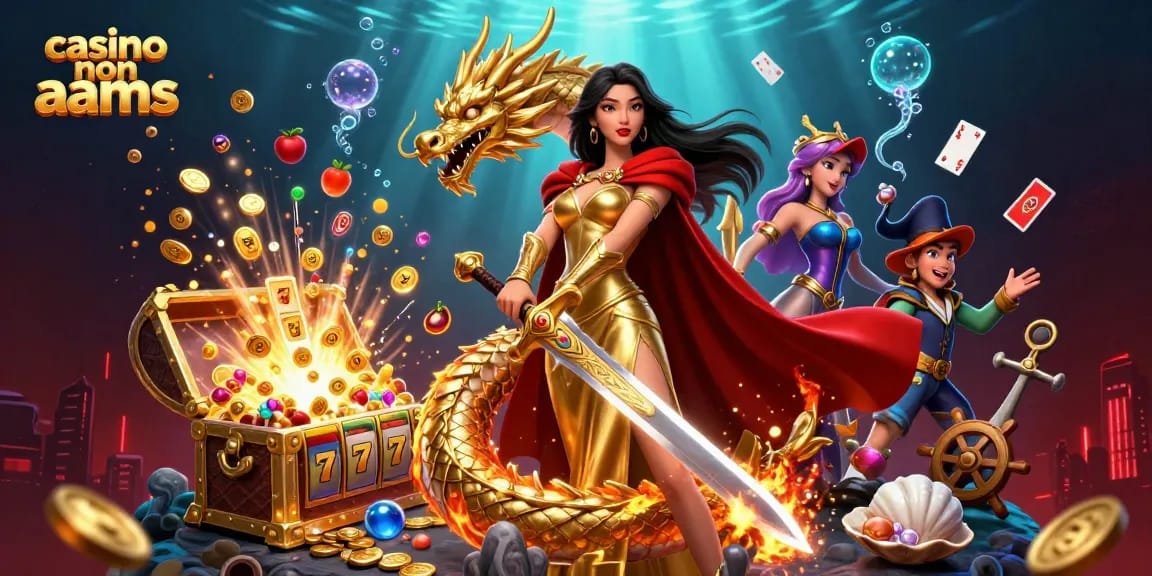 Interagisci con i casino non AAMS mentre una regina guerriera esplora tesori di slot vibranti in una scena caotica e colorata.
