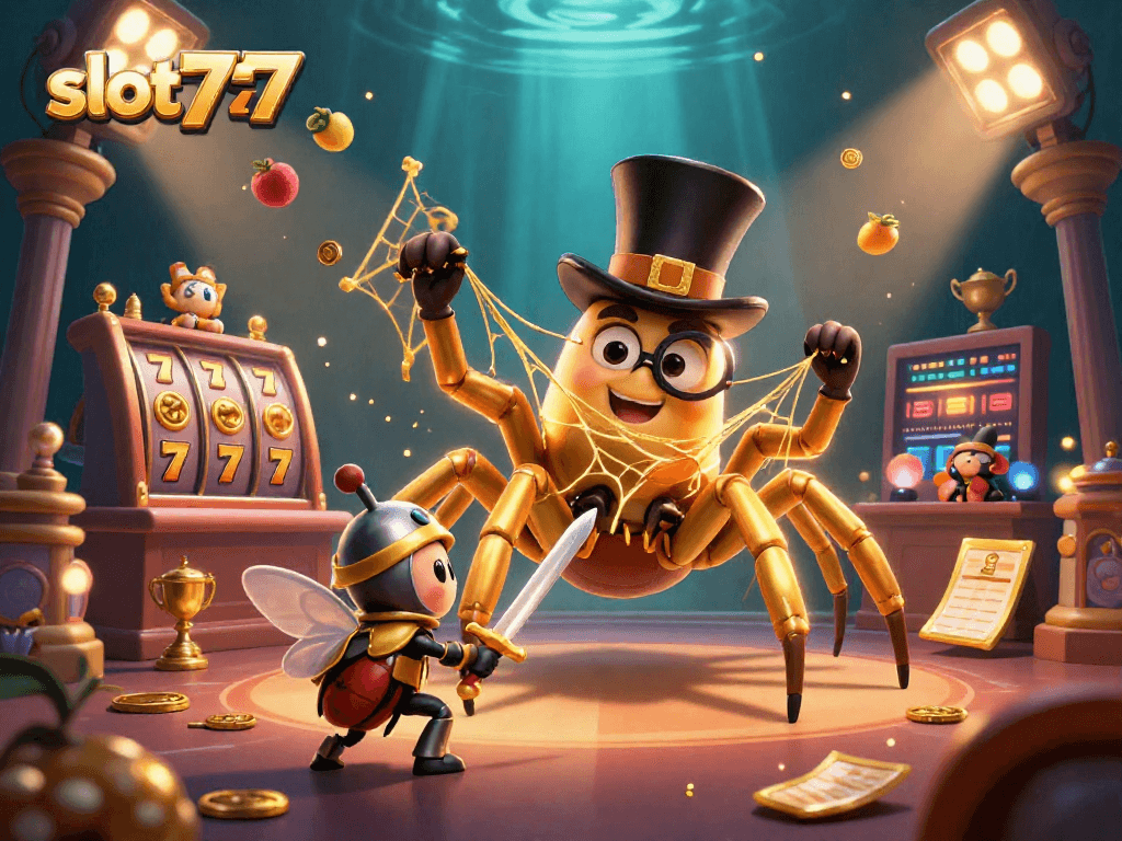 Spin the reels with slot777 featuring a golden tarantula and beetle knight in a casino scene.