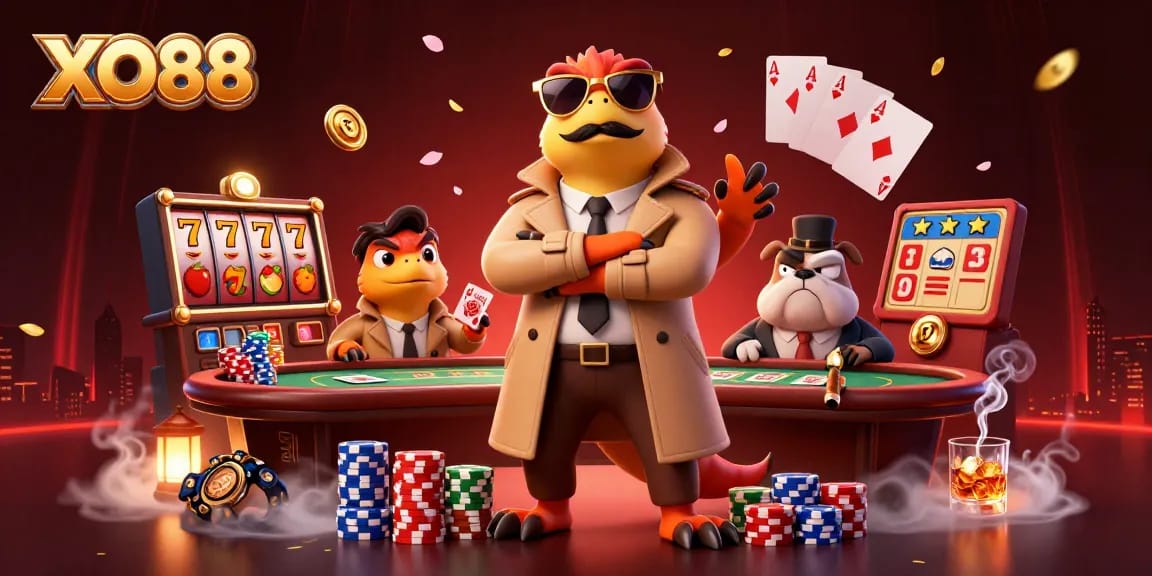 Experience thrilling gaming action at XO88 with cartoon raptors entering a VIP casino lounge.
