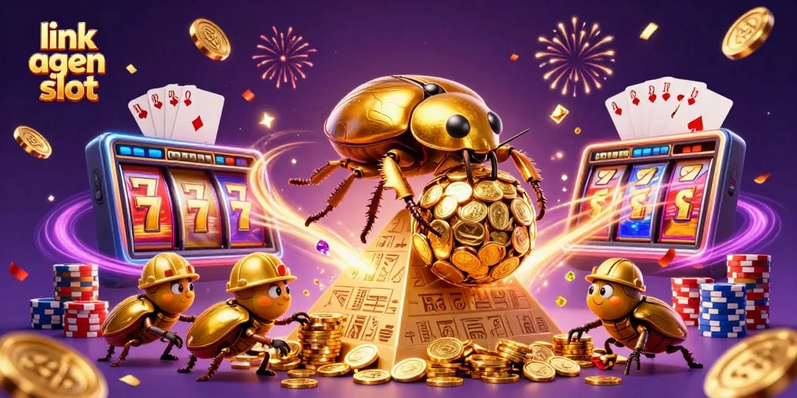 Spin to win with link agen slot as golden beetles roll coins in a vibrant casino world!