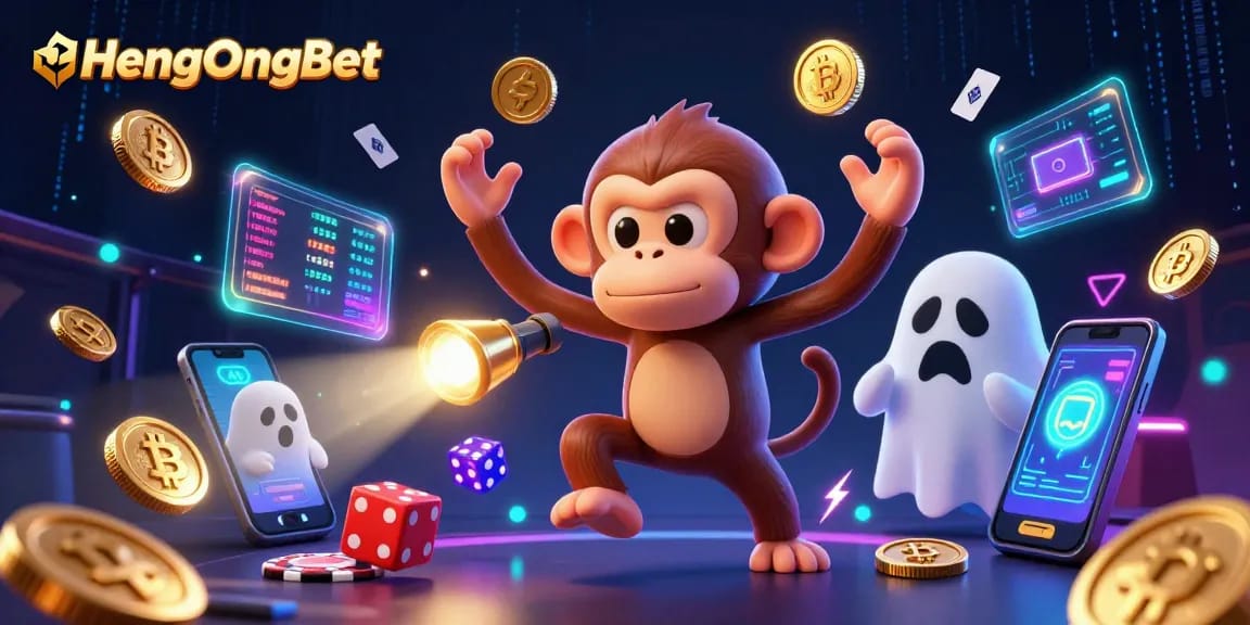 Experience the excitement of HengOngBet with golden juggled coins in a haunted casino setting.
