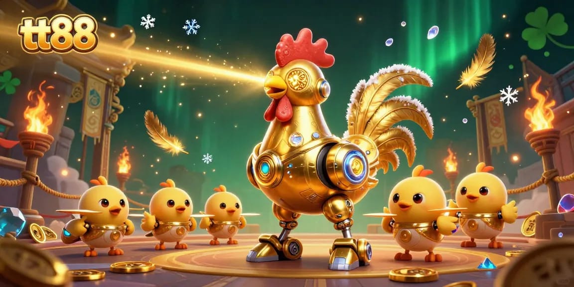 Experience thrilling gameplay at tt88 with a golden rooster robot and chick drones in action.