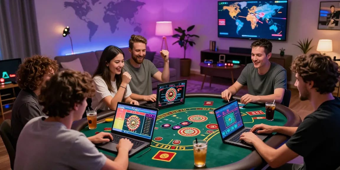 Scène de jeu en ligne excitante montrant des joueurs engagés dans des jeux de casino en ligne chez eux avec une décoration vibrante et une atmosphère animée.