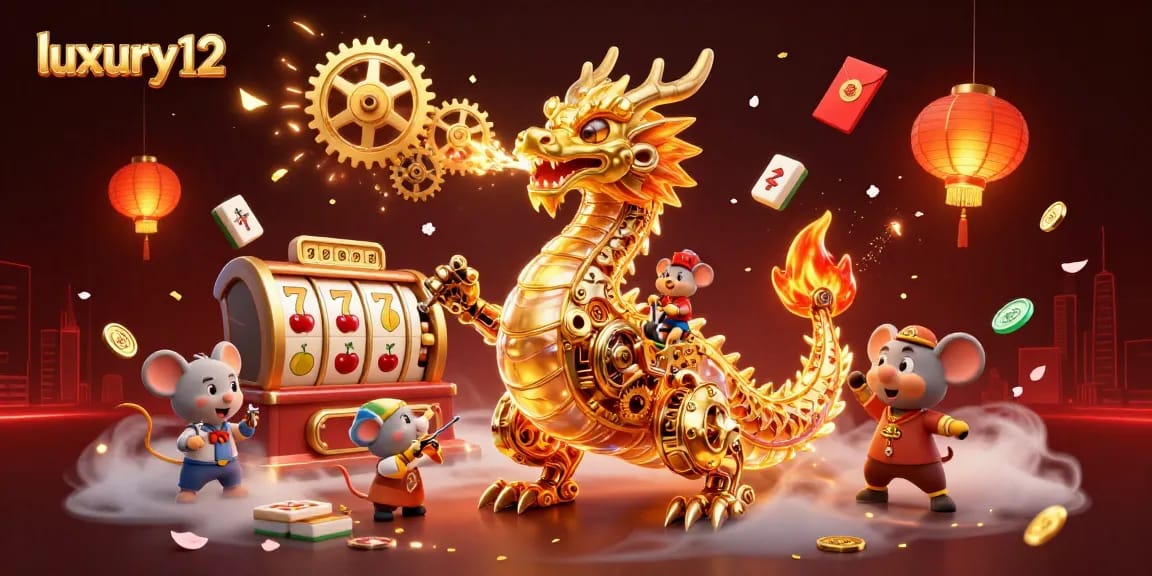 Experience excitement with luxury12 as golden dragons and slot reels create a vibrant casino scene.