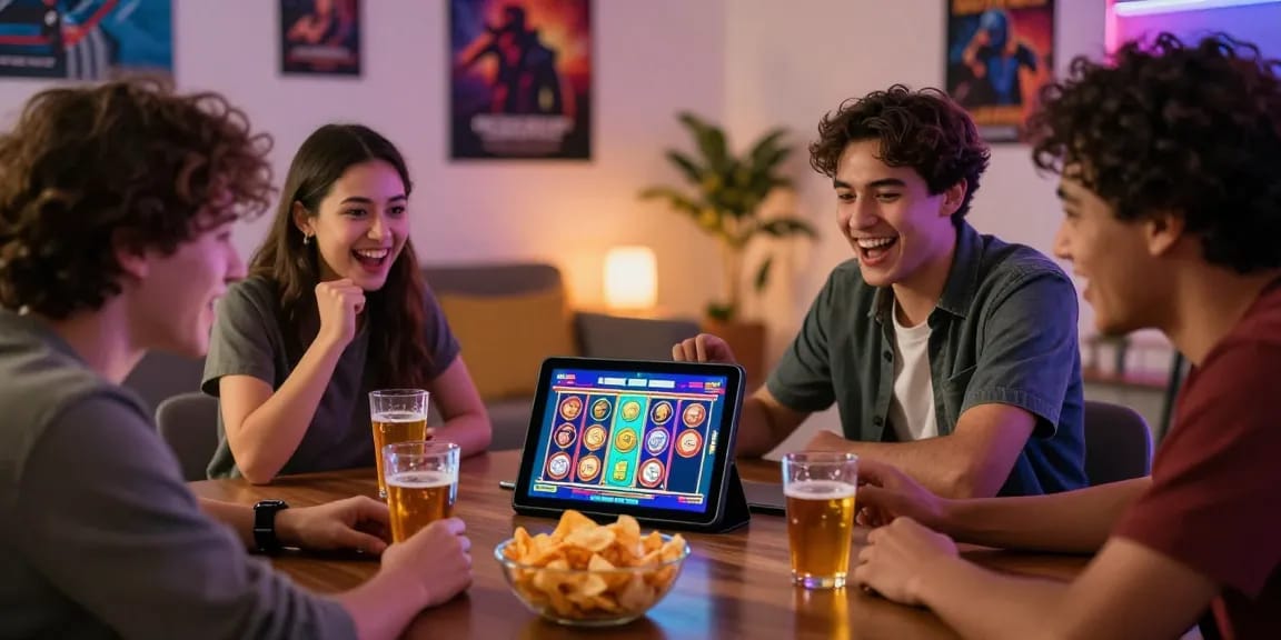 Friends enjoying ไทยสล็อต88 gaming together on tablet in a cozy living room.