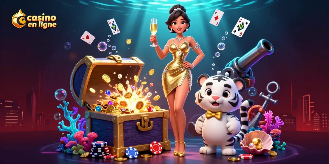 Découvrez le casino en ligne avec une femme glamour et un petit tigre chanceux au milieu d'éléments de jeu 3D vibrants.
