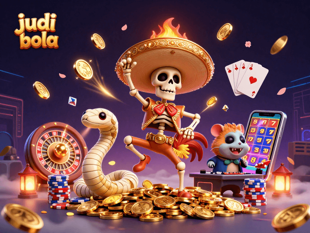 Experience judi bola excitement with a lively illustration featuring dynamic characters and casino elements.