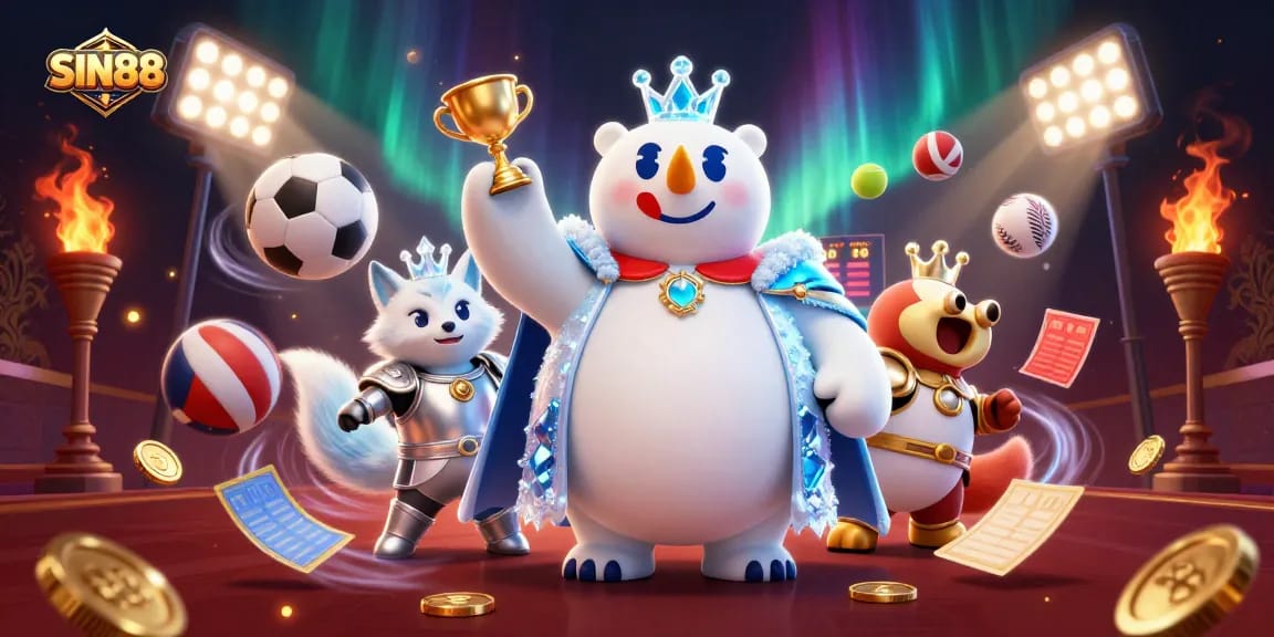 SIN88 interactive sports betting scene featuring a polar bear king and silver-armored snow fox.