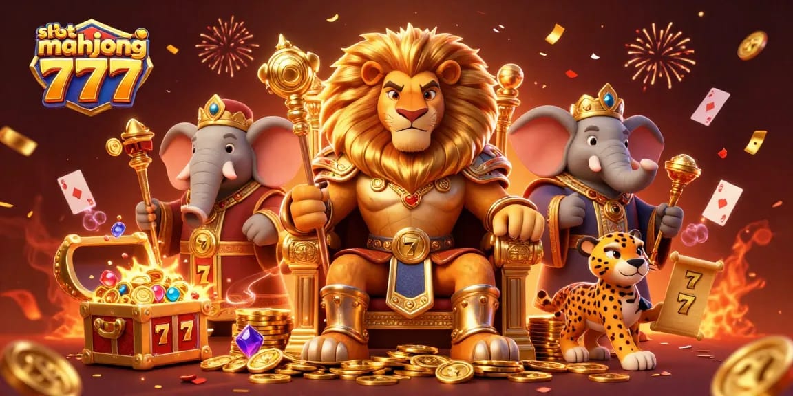 Play exciting slots with slot mahjong 777 in a vibrant 3D casino scene filled with treasures.