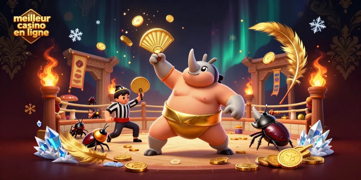 Illustration dynamique représentant le meilleur casino en ligne avec un rhinocéros sumo et des pièces d'or volantes