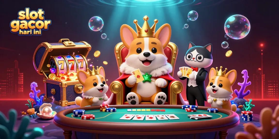 Engage with slot gacor hari ini in a vibrant, colorful casino-themed illustration showcasing playful characters and gaming elements.