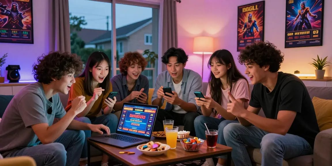 Engaged friends enjoying benihtoto togel gaming on a cozy living room setup with ambient lighting.