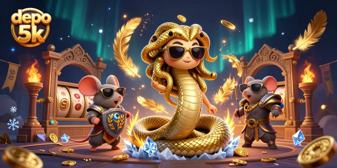 Play exciting depo 5k slots in vibrant casino illustration featuring fun characters and dynamic gameplay elements.