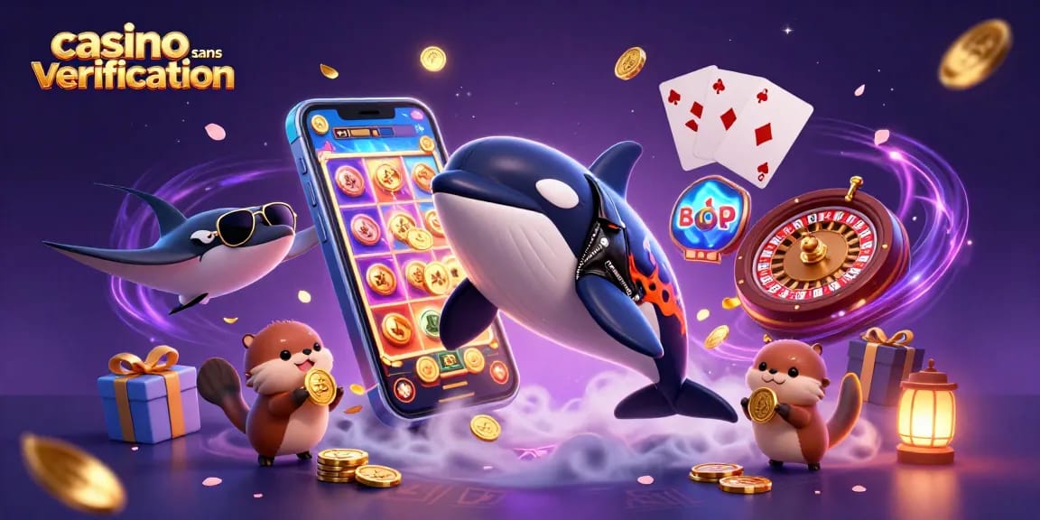 Visualisation dynamique d'un casino sans vérification avec des personnages marins et des éléments de jeu colorés.