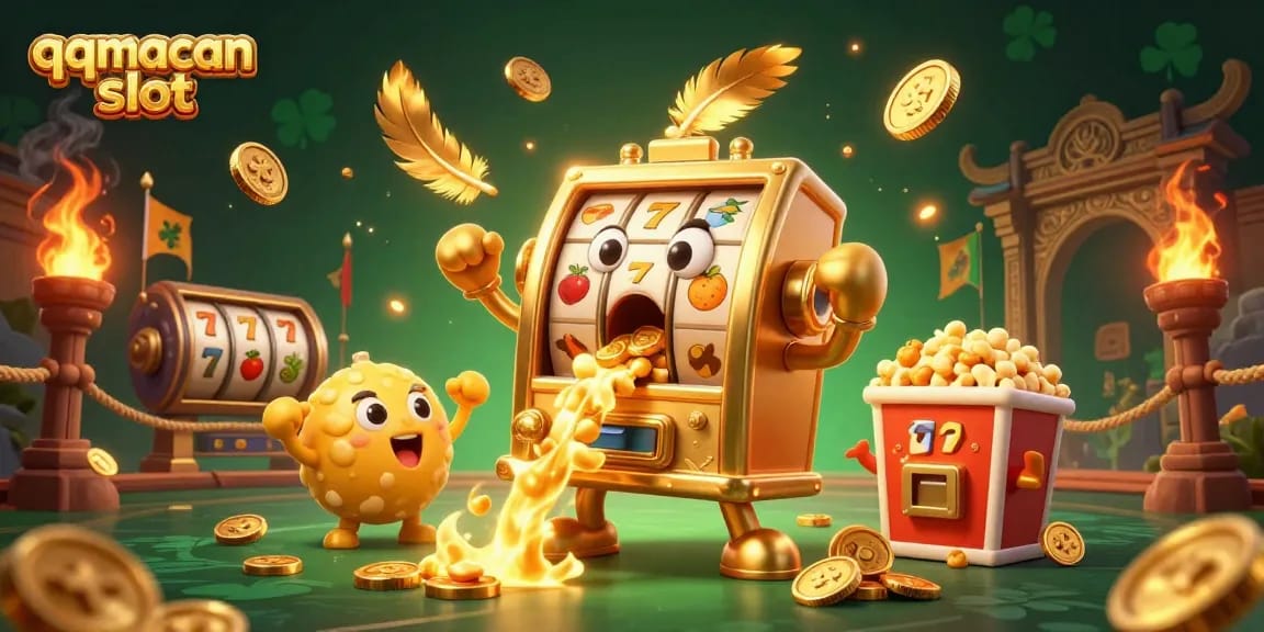 Experience the thrill of qqmacan slot as the golden slot machine hits the jackpot, surrounded by lucky symbols and cheering companions.