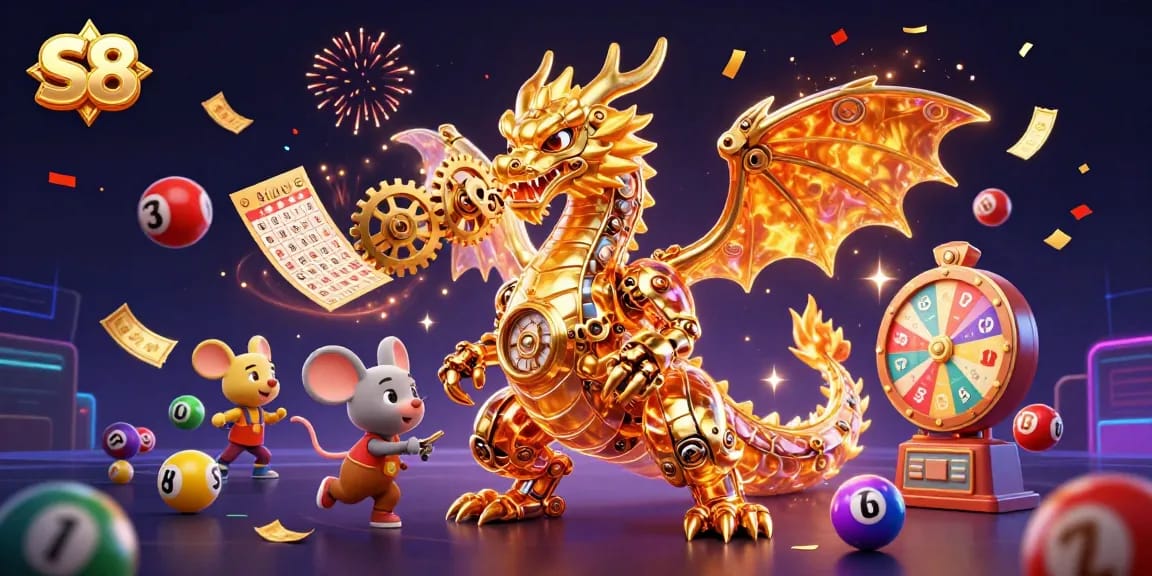 Experience thrilling gameplay with S8's vibrant casino elements, featuring a biomechanical dragon and dynamic lottery visuals.