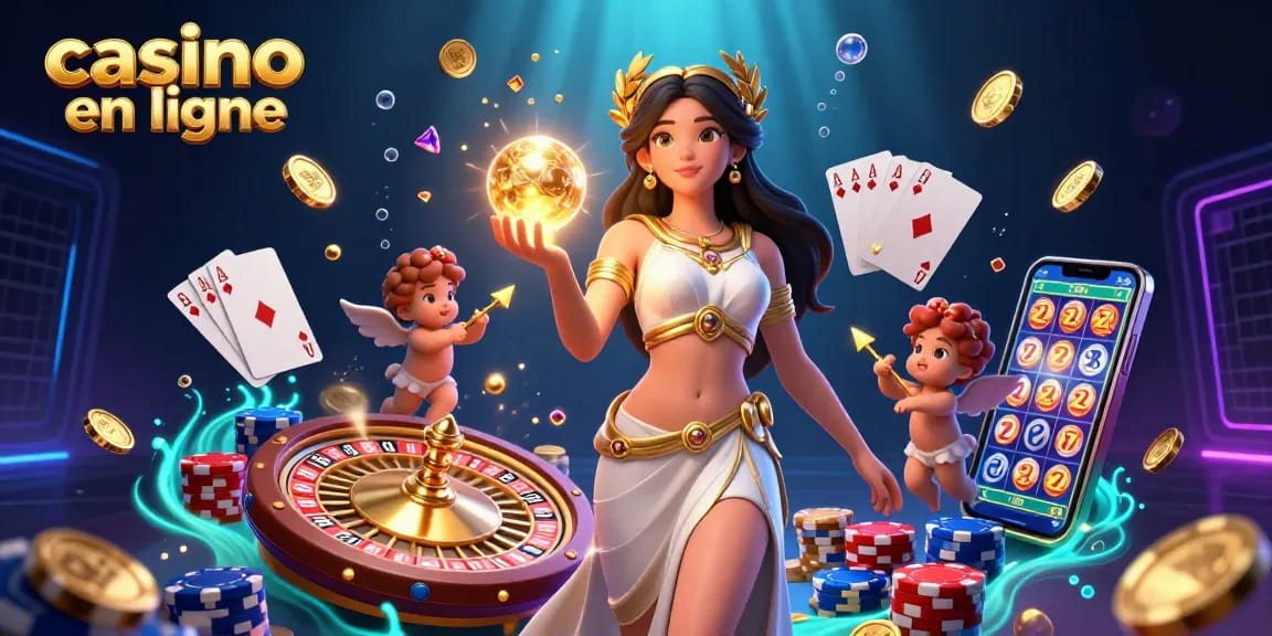 Engagez-vous avec la magie du casino en ligne mettant en vedette une déesse, des chérubins et des éléments de jeu dynamiques.