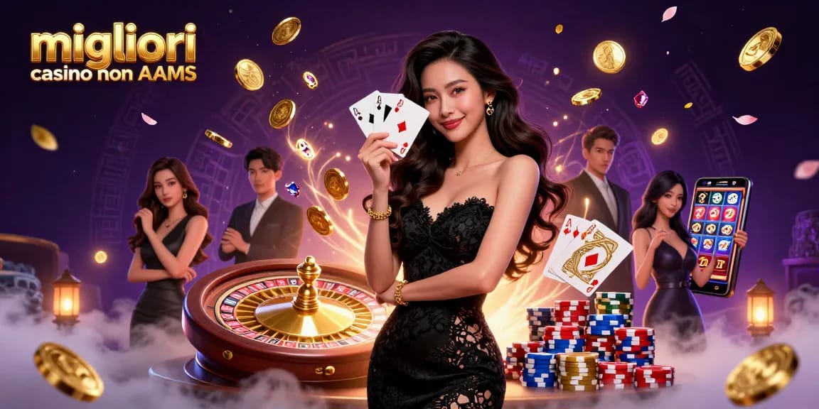 Scena coinvolgente che mostra i migliori casino non AAMS con una donna asiatica elegante che gioca a carte tra vivaci elementi del casino.