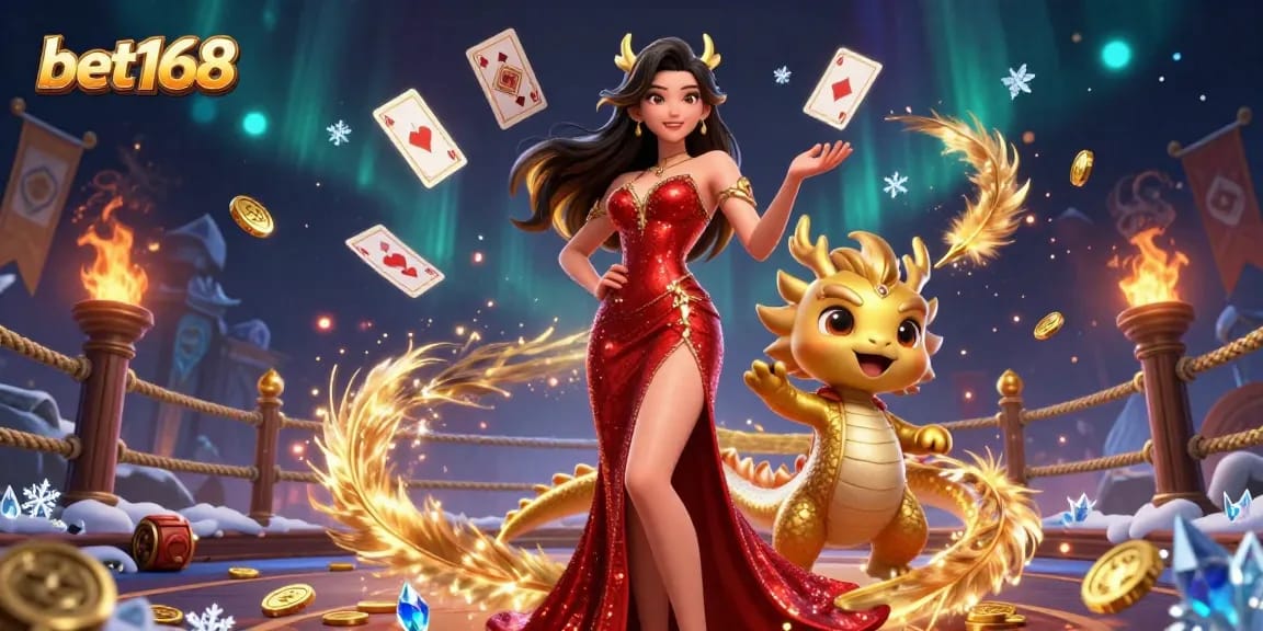 Engage in thrilling gameplay at bet168 with an elegant casino scene featuring Asian woman, golden dragon, and floating cards.