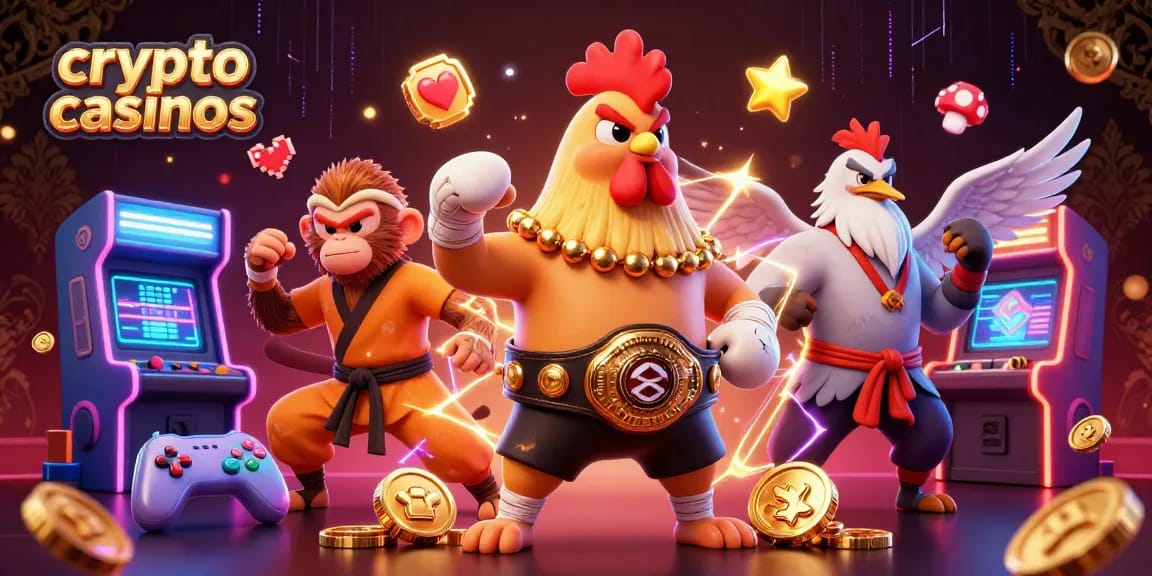 Les crypto casinos animés par un coq boxeur, un singe Shaolin, et une grue sage dans un paysage vibrant de jeux.