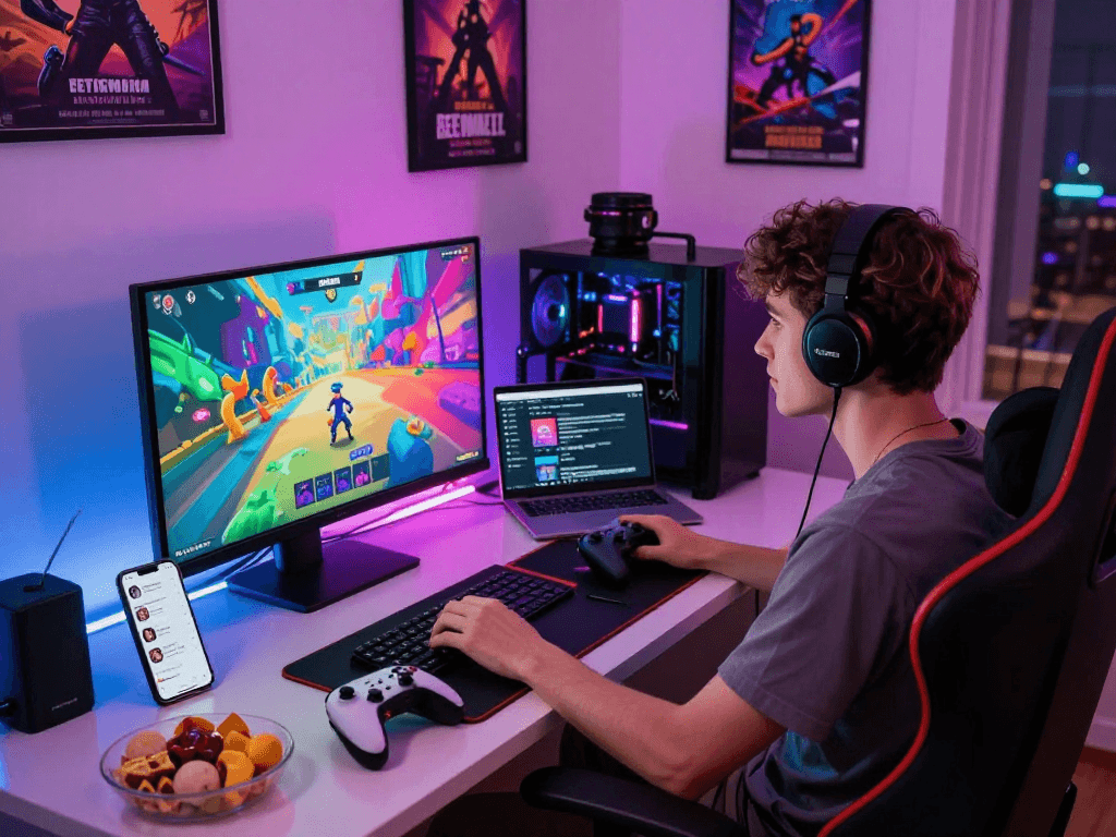 Play engaging porngames in a vibrant gaming setup with colorful RGB lighting and immersive visuals.
