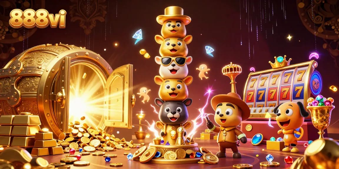 Experience thrilling slots with 888vi's vibrant golden totem scene displaying rich casino treasures.