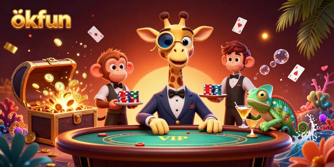 Experience the excitement of okfun with vibrant casino elements in this colorful 3D illustration.