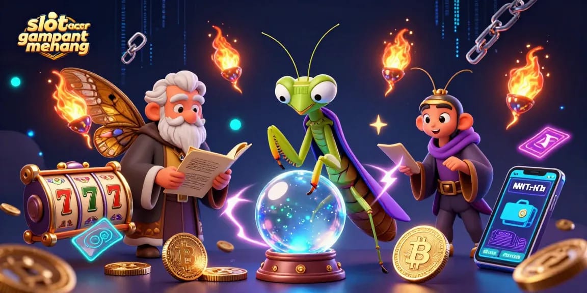 Engage with slot gacor gampang menang through a vibrant illustration of fortune-telling characters surrounded by dynamic casino elements.