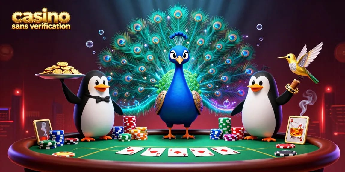 Le casino sans vérification propose des jeux dynamiques avec un paon et un pingouin servant des jetons dorés.