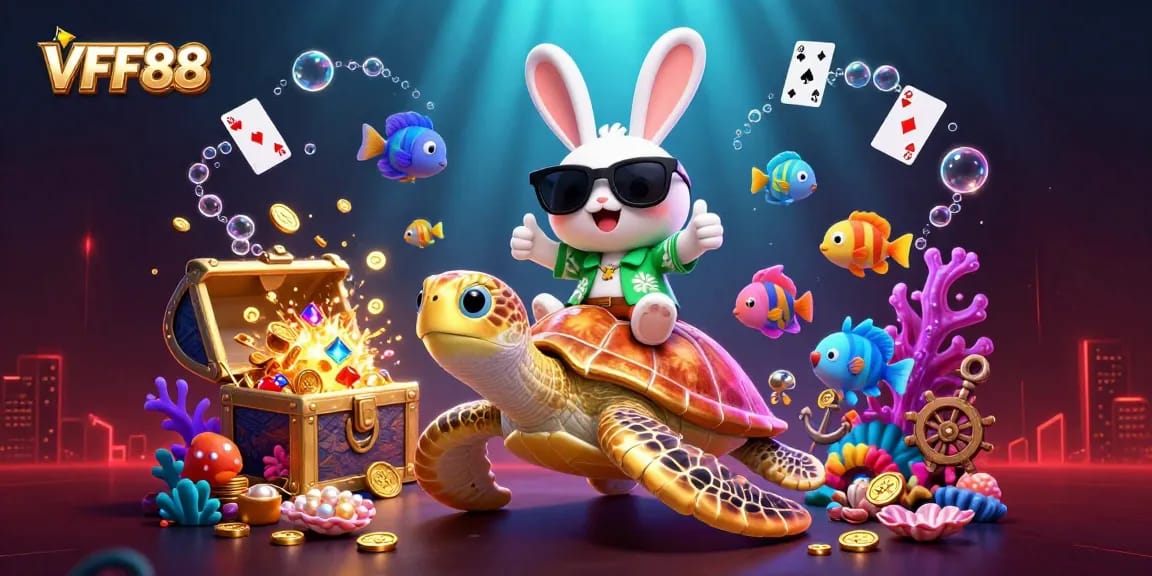 Engage in casino excitement with VFF88 as a cartoon lucky rabbit and a golden turtle dive into a vibrant underwater world.