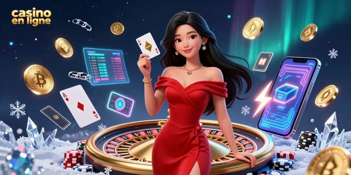 Vivez une action de jeu dynamique au casino en ligne avec une femme élégante tenant des cartes et des pièces d'or.