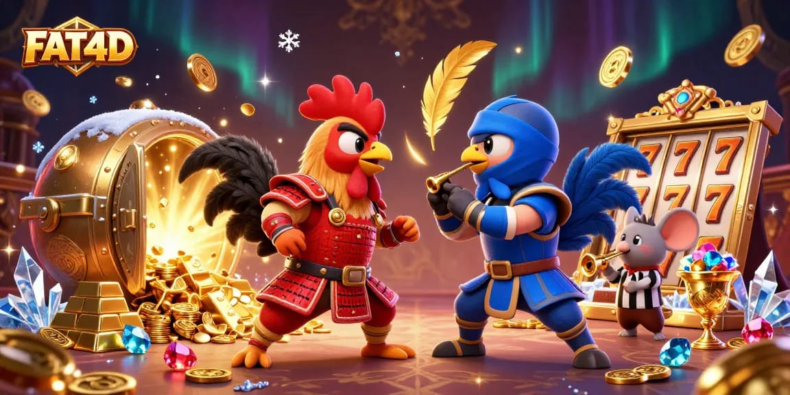 Experience excitement at FAT4D with a dynamic standoff of fighting roosters amidst gold and slots.