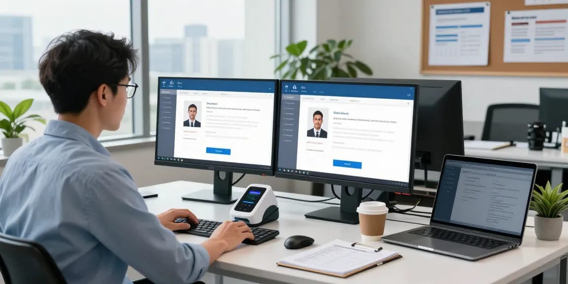 Age verification system setup showcasing a professional office scene with technology integration.