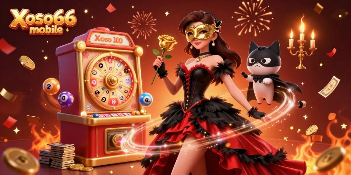 Xoso66 mobile lottery excitement illustrated with vibrant colors, featuring a unique character dynamic and lottery elements.