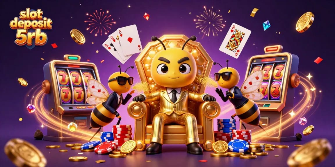 Engage with the thrilling world of slot deposit 5rb amidst golden coins and vibrant casino elements.