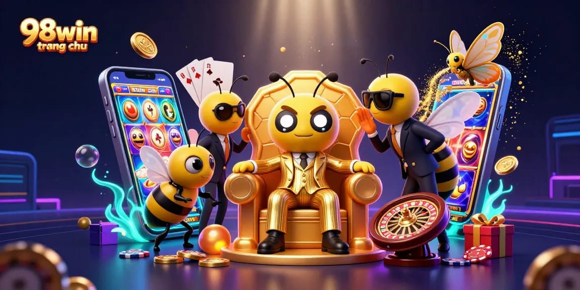 Experience exciting gaming at 98win trang chu with vibrant slots and games in a stunning digital illustration.