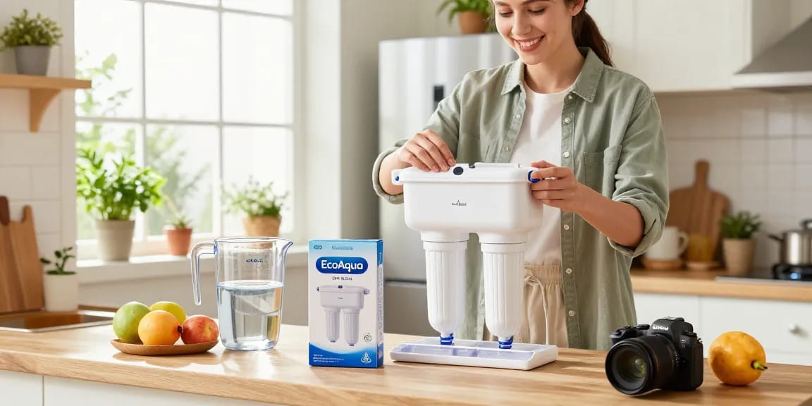EcoAqua EFF-6011A Refrigerator Water Filter installed in a bright kitchen, highlighting freshness and health.