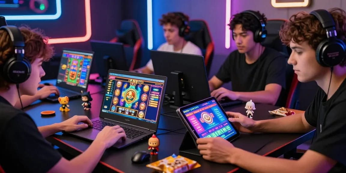 Gamers engaged in slot depo 1k games on laptops and tablets in a vibrant gaming room.
