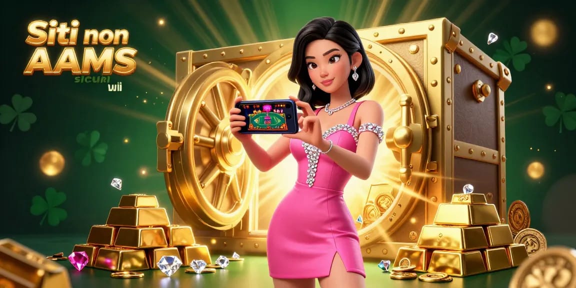 Siti non AAMS sicuri che mostrano una donna sicura con uno smartphone che gioca a un gioco da casinò con croupier dal vivo tra tesori dorati
