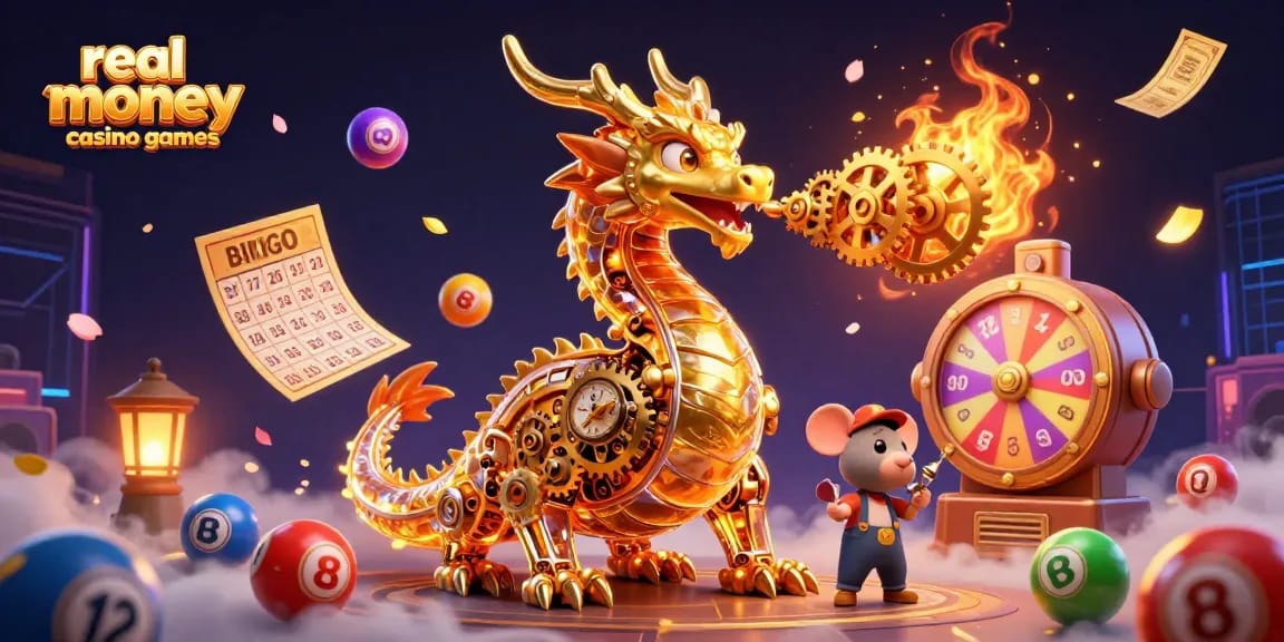 Experience real money casino games with an enchanting cartoon dragon in a colorful casino scene.
