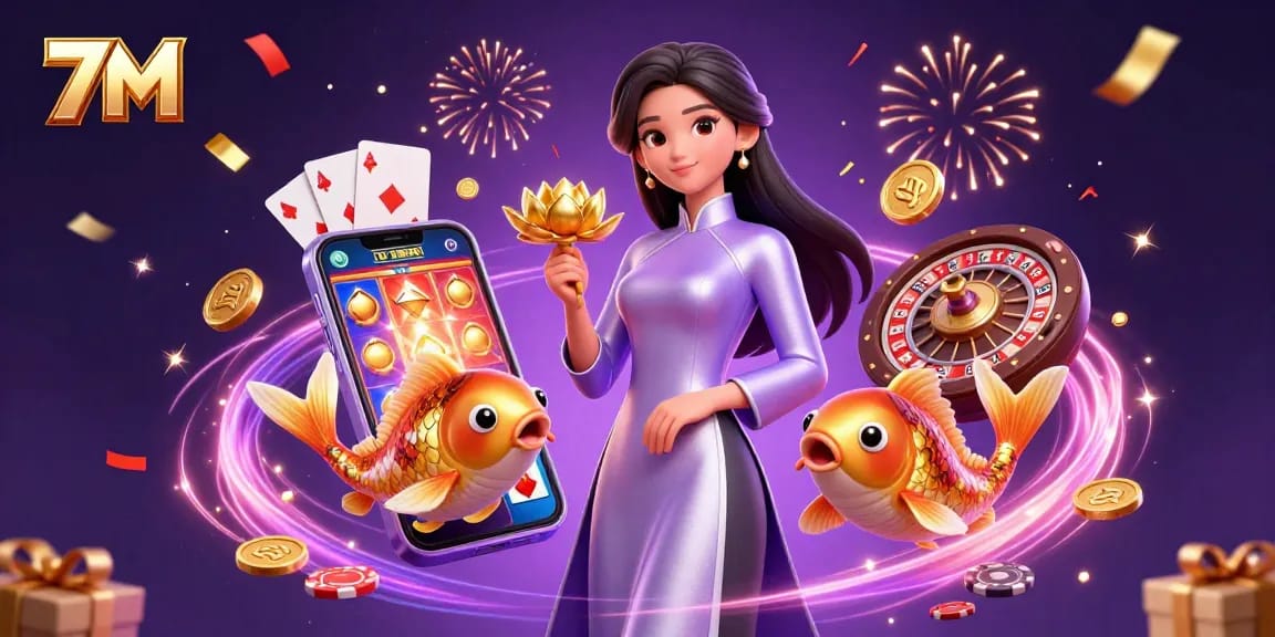 Engage with 7M's online gambling experience through vibrant casino elements and dynamic visuals.