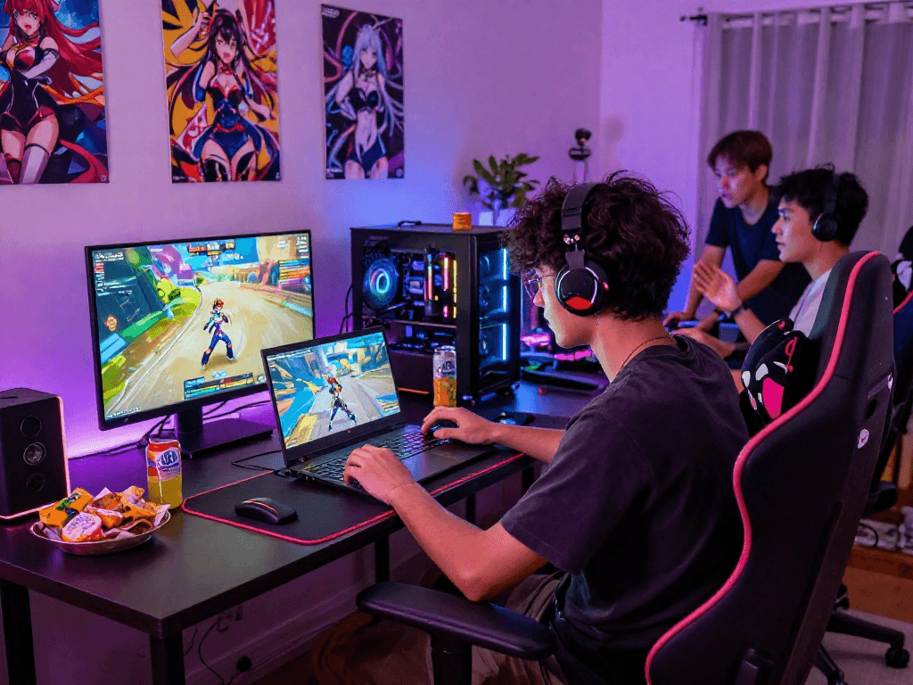 A player enjoying a colorful hentai game on a laptop in a cozy gaming setup with snacks.